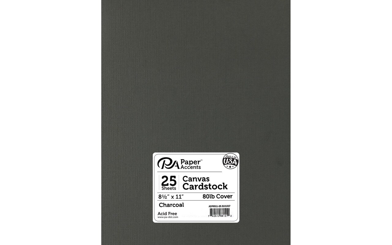 PA Paper Accents Canvas Cardstock 8.5&#x22; x 11&#x22; Charcoal, 80lb colored cardstock paper for card making, scrapbooking, printing, quilling and crafts, 25 piece pack